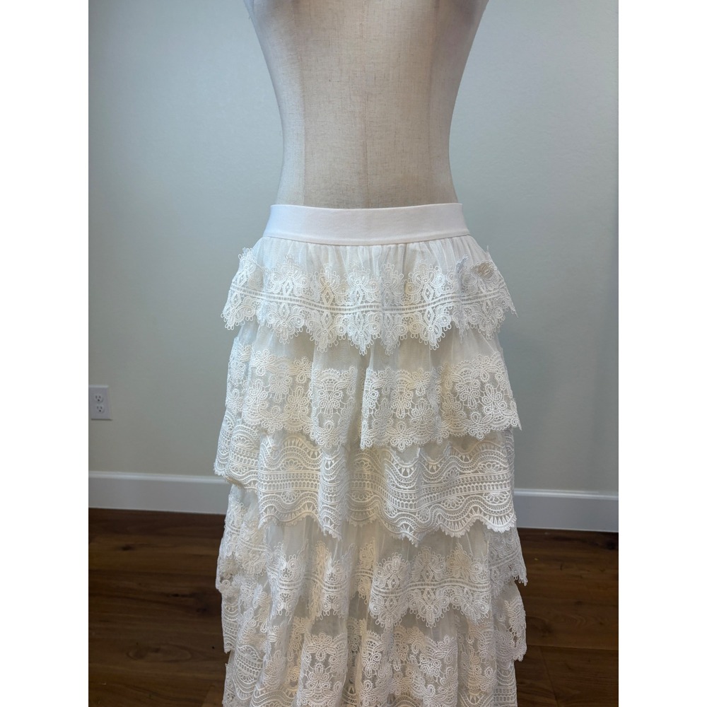 AllSaints Lizi Maxi Skirt Womens 8 White Tiered Lace Mesh Boho Ethereal Coquette - Picture 2 of 7